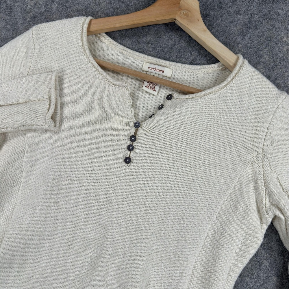 Sundance Sweater Womens PXS White Henley Scoop Neck Knit Pullover Long Sleeve